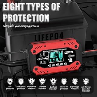 COREBOX Battery Charger 10-Amp 12V/24V- Fully Automatic Car Battery Charger- Trickle Charger, Chargeur Intelligent, Battery Maintainer with Temperature Compensation for Car Truck Motorcycle Lawn Mower