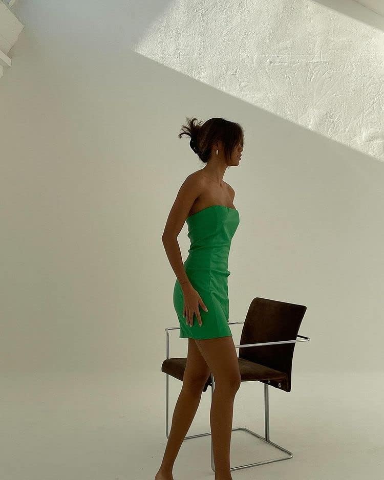 XLLAIS Women Sexy Off Shoulder Faux Leather Strapless Tube Top Mini Dress Bodycon Party Clubwear Dress - Image 7