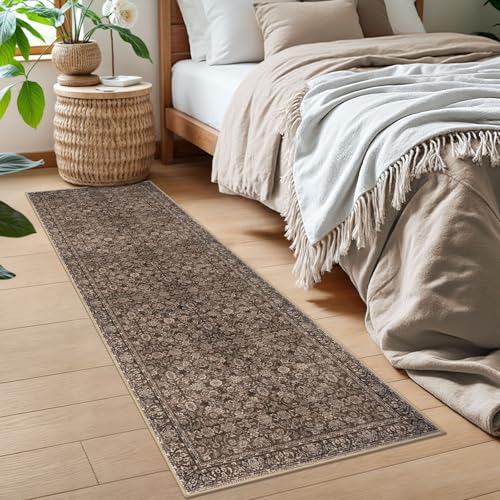 2x6 Rust Washable Runner Rug for Hallways, Soft Neutral Vintage Kitchen Rugs with Non-Slip, Non-Shedding Distressed Floral Rug for Bedroom Kitchen Porch Laundry Entryway