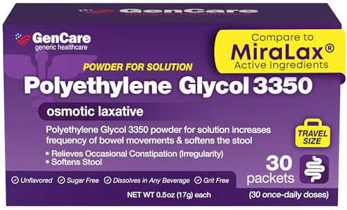 GenCare Polylethylene Glycol 3350 Powder for Solution 30 Travel Packets Unflavored Grit-Free Clear PEG 3350 for Occasional Constipation Relief for Women & Men Generic MiraLAX Laxative Powder