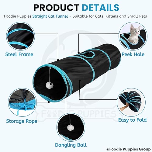 Image of Foodie Puppies Pet Foldable Straight Cat Tunnel (Blue & Black) for Cats, Kittens, Rabbits & Guinea Pigs | Interactive Play Tube with Peek Hole | Fun Indoor & Outdoor Hiding & Training Tunnel Cave