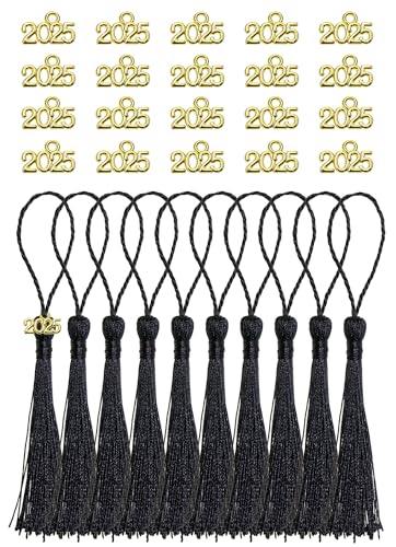 Tupalizy 10PCS Mini Silky Handmade Bookmark Tassels with 20PCS 2025 Year Charms for Graduation Keychain Earring Jewelry Making Wedding Favors Souvenir Gifts Tags DIY Craft Projects, Black and Gold