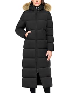 Long Puffer Coat Women Winter Faux Fur Hood Quilted Jacket Outerwear | Warm Polyester-Filled, Two-Way Zipper, Ribbed Cuffs, Backpack Strap, Water Repellent for Commutes Errands Travel, Black, M - Amazon product rated Grade A