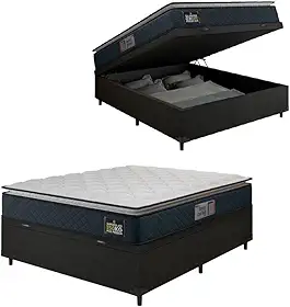 Cama Box Baú Casal Colchão Espuma D45 Pillow Top Strong 138x188x65cm Cinza/preto Hellen - Suporta até 150kg por Pessoa