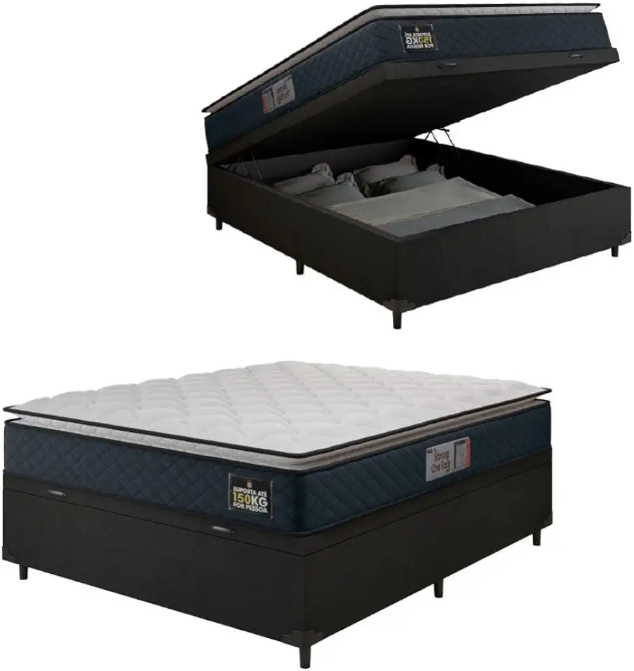 Cama Box Baú Casal Colchão Espuma D45 Pillow Top Strong 138x188x65cm Cinza/preto Hellen - Suporta até 150kg por Pessoa