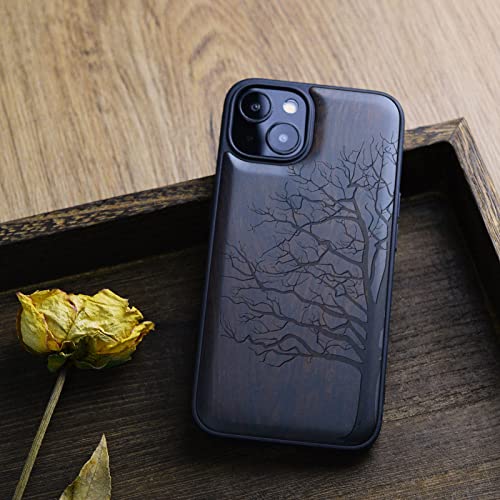 Carveit Magnetic Wood Case For Iphone 13 Case [Hard Real Wood & Soft Tpu] Shockproof Hybrid Protective Cover Unique & Classy Wooden Case Compatible With Magsafe (Eternal Tree Carving-Blackwood) #TOP3