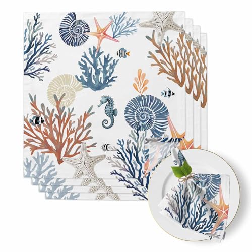 Blue Coral Coastal Cloth Linen Dinner Napkins 4 Packs, Summer