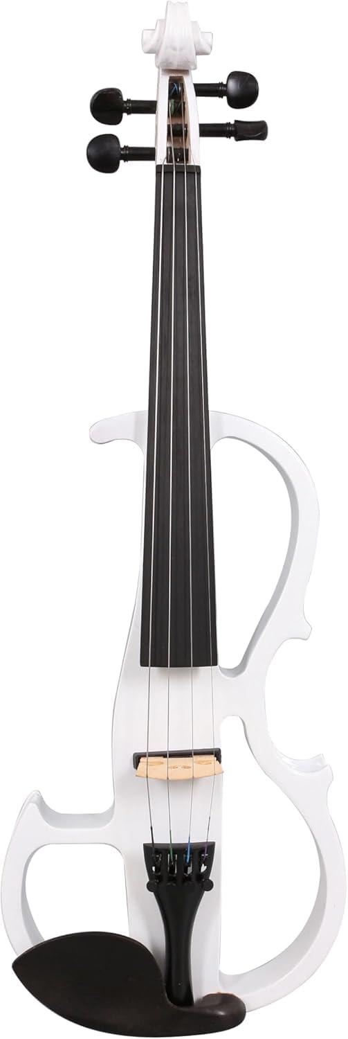 Yinfente Viola eléctrica silenciosa de 40,6 cm de madera maciza de 4 cuerdas con accesorios de ébano, funda dura, lazo de madera de Brasil, cable AUX y paño de limpieza, color blanco