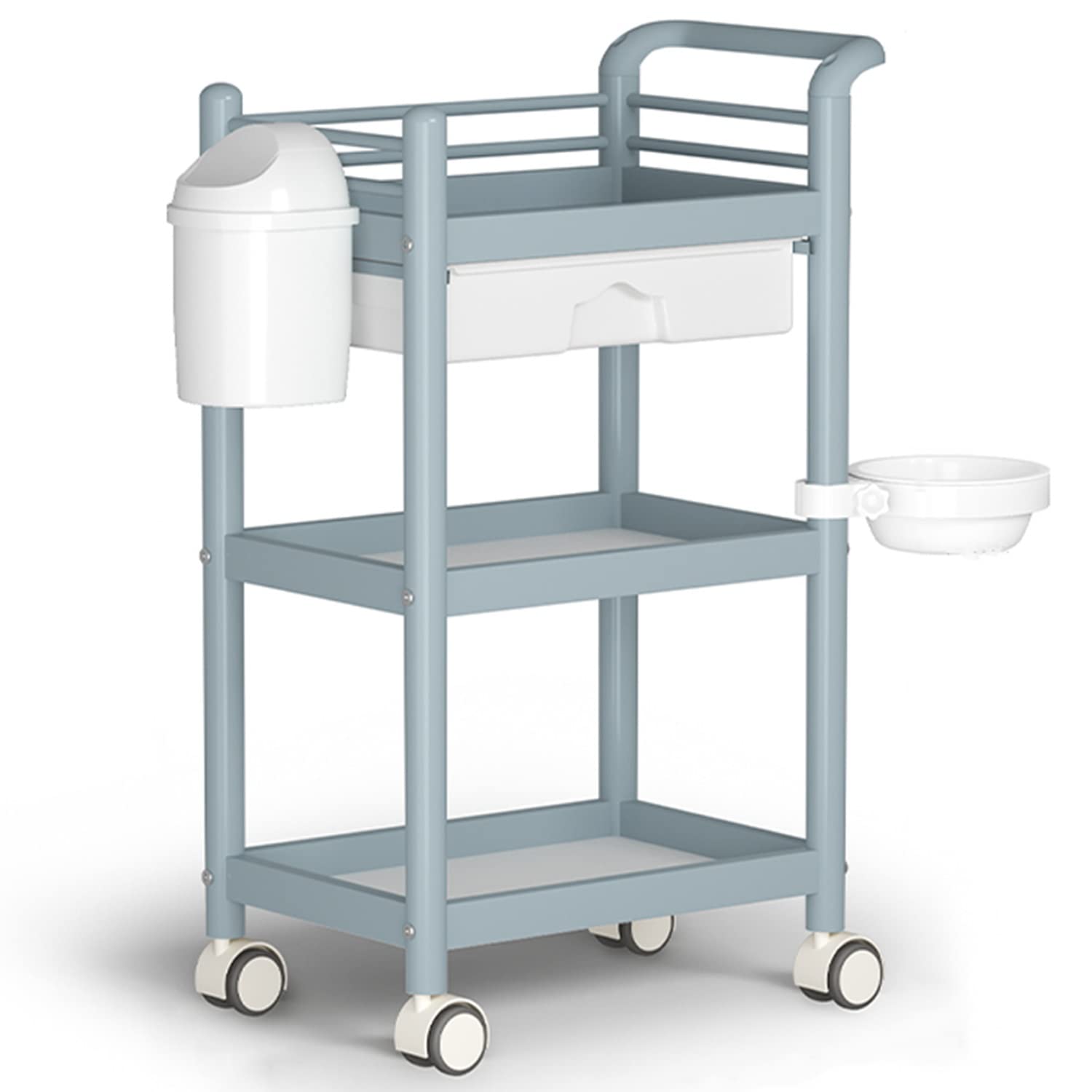 GUNEL3-Tier Rolling Utility Cart Movable Storage Organizer Rack Shelves with Drawers and Garbage Can Multifunctional Service Cart for Beauty Salon, Home Office, Kitchen (Color : Gray)
