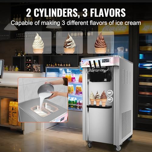 Kommerzielle Eismaschine Eiscreme-Maschine 20L/h Freistehende Softeismaschine mit 3 Geschmacksrichtungen, 2 x 4L Edelstahlbehälter, LED-Panel, Automatische Reinigung, Kühlung über Nacht – Bild 4