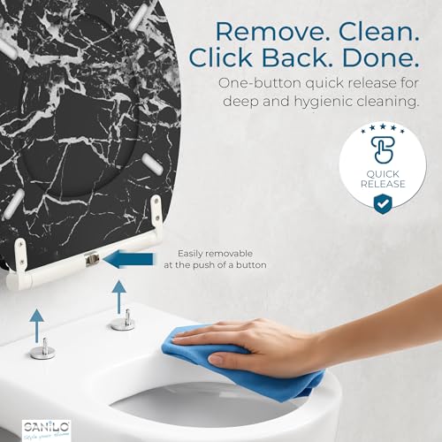 Image of Sanilo Wooden Toilet Seat with Quick Release & Soft Close [ROUND] - Decorative & Slow Close Molded Wood Seat - With One Click for Easy Installation & Cleaning - With Adjustable Fit (Marble Black)