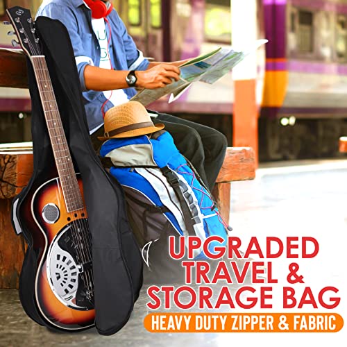 Resophonic Resonator Acoustic Electric Guitar - 6 String Round Neck Sunburst Mahogany Traditional Resonator W/Built-In Pre Amplifier, Case Bag, Strap, Steel Strings, Tuner, Picks #TOP6