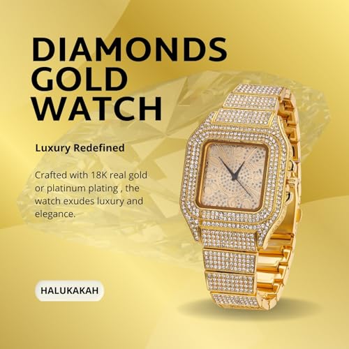 Halukakah Diamonds Watch Iced Out for Boy Teens Kids - 18K Real Gold/Platinum Plated,Arabic Numerals Square Dial,Japanese Quartz - 7.3" Length - Optional with Cuban Link Chain - for Birthday,Parties2