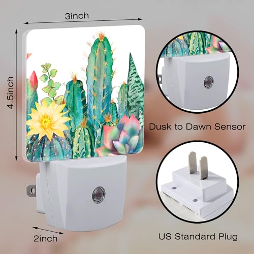 Image of Cactus and Succulents Night Light Plug into Wall, Watercolor Botanical Floral Dusk to Dawn Night Light Plug in,0.5w Energy Saving Sleep Friendly NightLight for Kids Boys Girls Home Decor