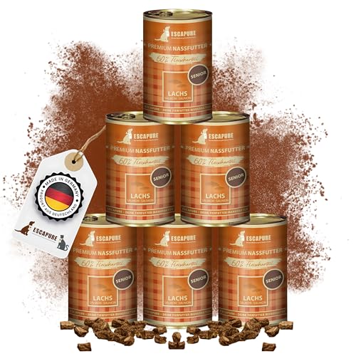 Escapure Senior Nassfutter Lachs 6 x 400g Dose - 60% pures Lachsfilet Hundefutter - Dosenfutter Lachs Menü ohne Zusatzstoffe - Ergänzungsfuttermittel für ältere Hunde frei von Getreide