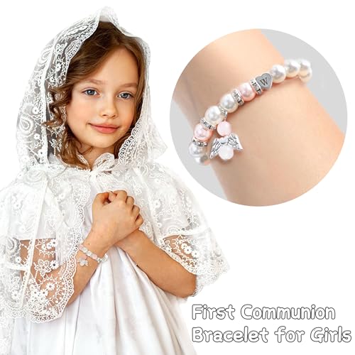 BAYLAY First Communion Gifts for Girls, First Communion Bracelet for Girls, Angel Wings Heart Letter Initial Pearl Bracelet, First Communion Gifts for Girls Catholic, Teen Girls First Communion Gifts3