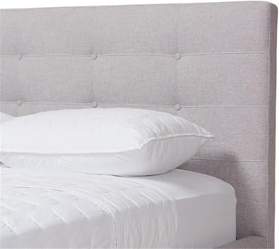 BOWERY HILL Mid-Century Full Platform Bed, Grayish Beige Fabric Upholstery, Solid Rubber Wood Frame, Button-Tufted Headboard, Walnut Finished Legs, 45.87'' H x 59.65'' W x 80.91'' D, Modern Bedroom