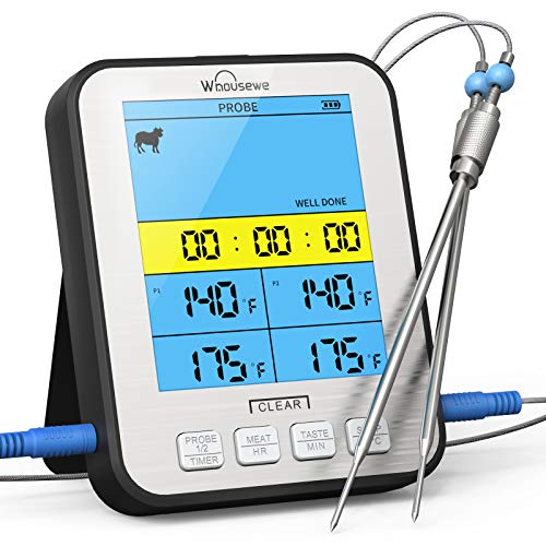 Whousewe Meat Thermometer Large LCD Backlight Kitchen Oven Smoker Instant Read Digital Thermometer 48in Wire Dual Probe with Alarm Set for Cooking Baking Turkey BBQ