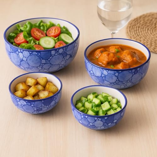 Image of Ceramic Mixing Bowl Set - 4 Pieces (1000ml, 750ml, 500ml, 300ml), Blue Luster - Durable, Microwave & Dishwasher Safe - Ideal for Mixing, Serving & Storage