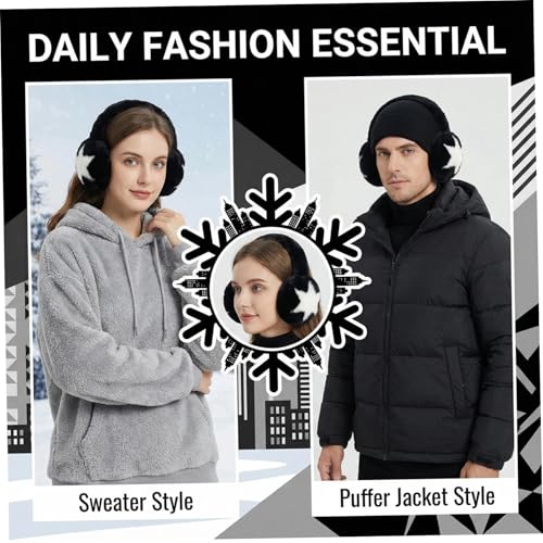 Orejeras de invierno negras con estrellas y diseño peludo plegable 5