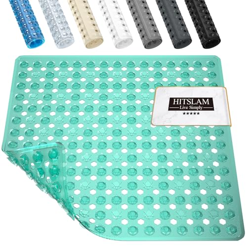 Image of HITSLAM Shower Mat Anti Slip, Square Bath Mat for Tub Non Slip with Suction Cups and Drain Holes, 21x21 Inch Bathroom Shower Stall Floor Mat, Machine Washable, Soft on Feet, Green