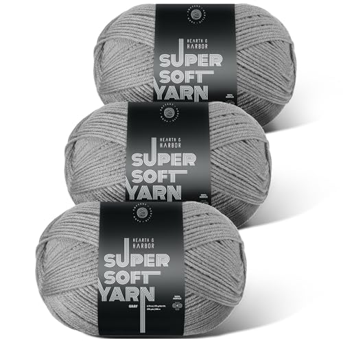 Image of Acrylic Yarn for Crocheting & Knitting - Soft Crochet Yarn for Crocheting, 3 Pack of 370 Yards, Perfect for Crafts & Amigurumi, Medium Worsted Weight 4, Grey