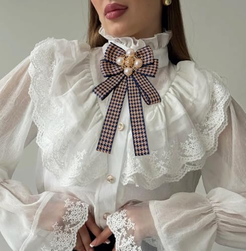 Image of Layered Shell Pearl Bow Pre-Tied Brooch for Women Girls Elegant Love Heart Gold Plated Black White Houndstooth Bowknot Tie Brooches Lapel Pins Corsage Collar Ceremony Holiday Dress Accessories