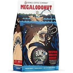 Bones Coffee Company Megalodonut, Boston Cream Donut Flavored Coffee, Medium Roast Low Acid Arabica Beans Compatible with Auto drip and French Press Coffee Maker, 12 Oz Whole Bean