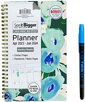 PlanAhead See IT Bigger April 2023 - June 2024 Size 8.75" x 5.5" x 0.5" Monthly/Weekly Medium Planner and Twin Fluorescent Pen (Floral Coppa)