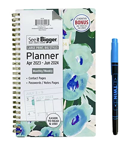 Planahead See It Bigger April 2023 - June 2024 Size 8.75" X 5.5" X 0.5" Monthly/Weekly Medium Planner And Twin Fluorescent Pen (Floral Coppa) #TOP4