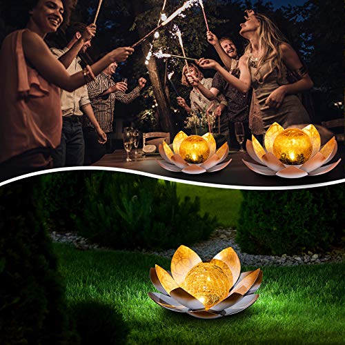 Aiiny Garden Solar Light Outdoor(2Pack) , Amber Crackle Globe Glass Lotus Decoration , Waterproof Orange Metal Led Flower Lights For Patio,Lawn,Walkway,Tabletop,Ground, Garden Gifts #TOP6
