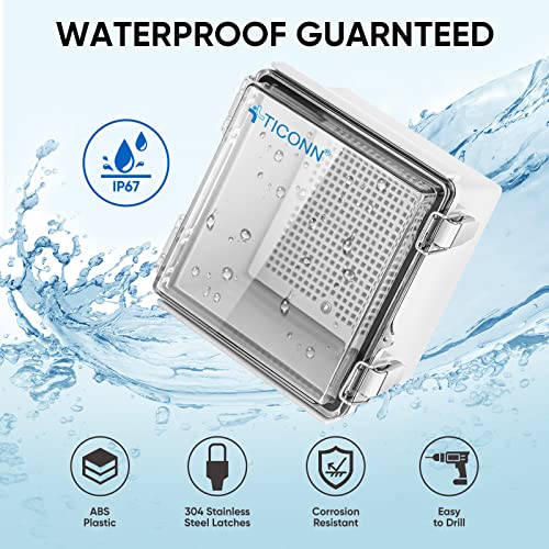 Image of TICONN Waterproof Electrical Junction Box IP67 ABS Plastic Enclosure with Hinged Cover with Mounting Plate, Wall Brackets, Cable Glands (Clear, 5.9 inchx5.9 inchx3.5 inch)