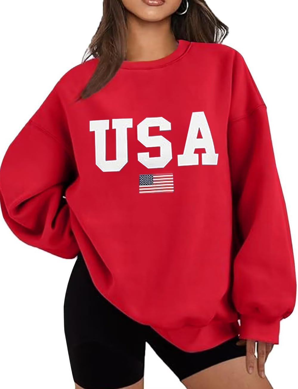 Lacozy Womens Oversized USA Sweatshirt Crewneck American Flag Sweater Long Sleeve Loose Fleece Top 4th of July Outfit