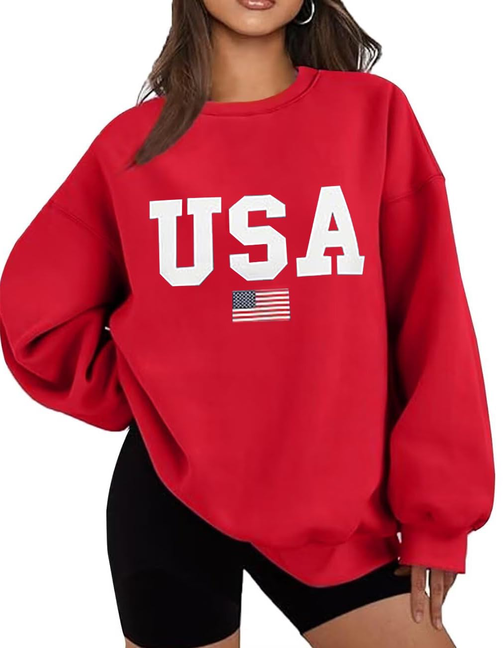 Lacozy Womens Oversized USA Sweatshirt Crewneck American Flag Sweater Long Sleeve Loose Fleece Top 4th of July Outfit