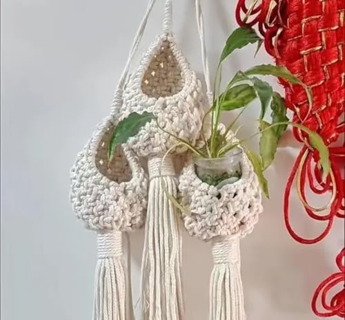 Cintre en macramé avec support mural bois flotté pour pot suspendu avec pompon - 4