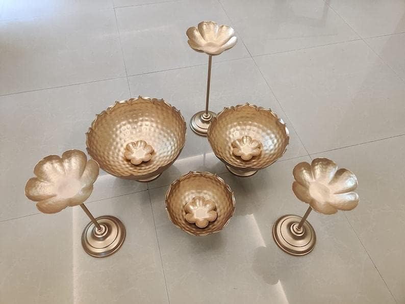 Image of ZM Handicrafts Taj Urli Floating Flower Set | Hammered Taj Urli with Stand Urli with Bowl for Living Room | Urli, Pooja Diya, Diwali, Christmas, Festival Decor Set of 9 Pcs Combo Pack