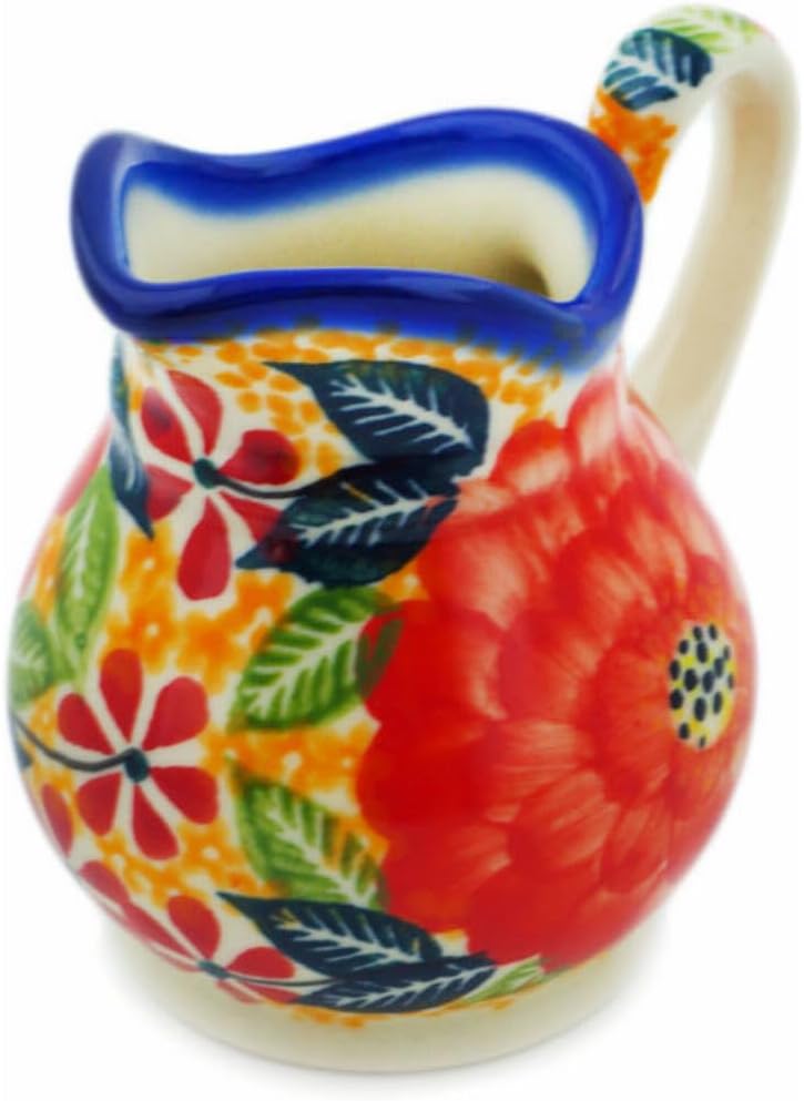 Polmedia Polish Pottery Creamer UNIKAT - Red Fantasy Pattern Handmade in Boleslawiec Poland by Ceramika Bona + Certificate of Authenticity