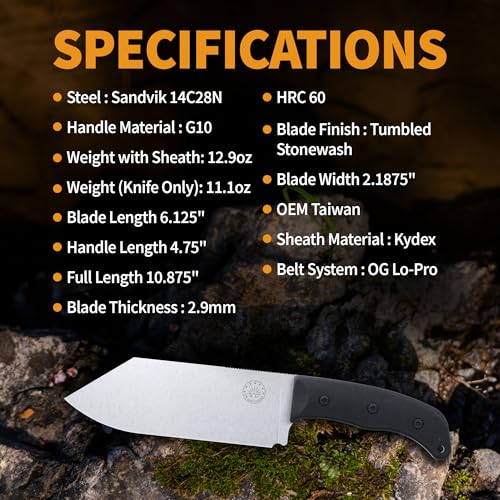 Off-Grid Knives - Faca de chef Grizzly V2 com aço inoxidável Sandvik 14C28N, bainha Kydex e clipe de