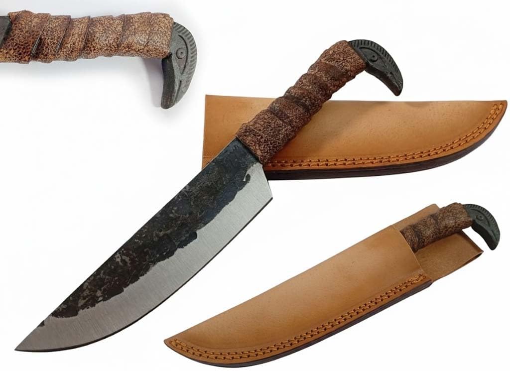 Hand Forged 6.5" Odin's Raven Norse Viking Knife, Carbon Steel Blade, Raven's Head Hilt, Leather Sheath, Medieval Seax Style for Hunting and Camping (Brown)