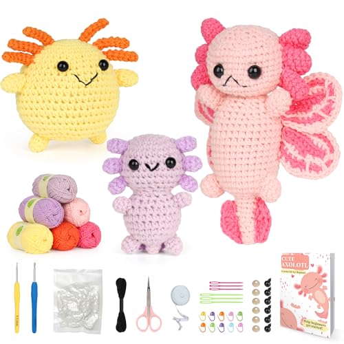 Image of Katech Axolotl Crochet Kit for Beginners, Crochet Starter Kit for Adult Learn to Crochet Animals Kit w /Step-by-Step Instructions, Knitting Set with Enough Yarn for Beginner- 3 Style