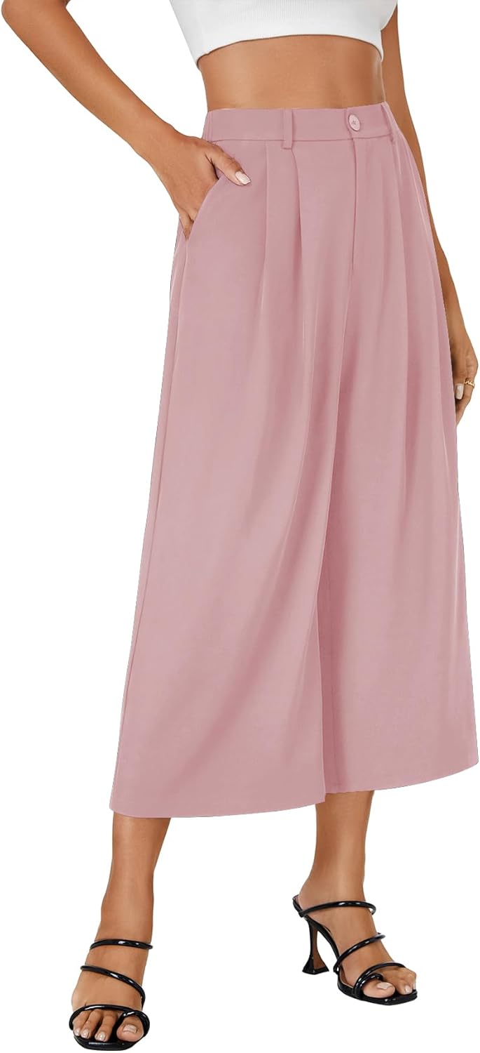 Vrtige Women's High Waist Pleated Wide Leg Cropped Trousers Pants with Pocket