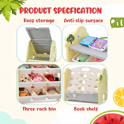 Image of Kids Toy Organizer with Bookshelf for Home 3 in 1 Storage Rack for Toddler Playroom Organizer Montessori Book Shelf Kids Toys Organiser for Space Saving Storage Bins for Children-Green