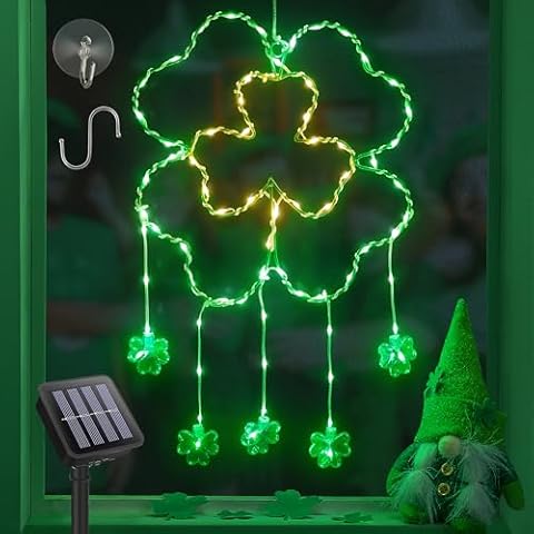 BEEWIN Shamrock Solar Lights for St Patrick's Day Decorations,12in 72 LED Irish Lucky Green Shamrock Lights Outdoor Waterproof,8 Modes Clover Window Lights for St. Patrick's Day Spring Yard Wall Decor Cover