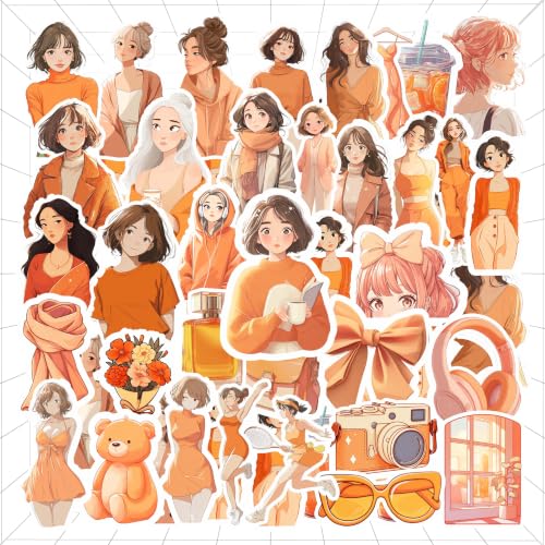 Image of Orange Aesthetic Kawaii Girl Vinyl Stickers Pack of 35 | Waterproof Peach & Warm Tone Cute Fashion Decals for Laptop, Water Bottle, Journal, Scrapbook, Phone Case | Self-Adhesive Sticker Pack