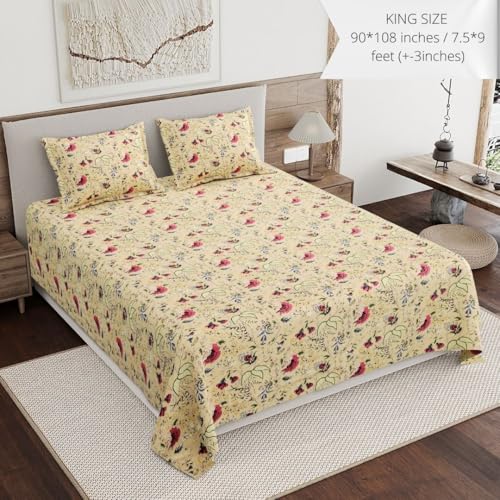 Image of Living Roots Ethnic Jaipur Block Print Double Cotton Bedsheet & 2 Pillow Covers, for Mattress Upto 6 inches Thick, No Colour Bleeding, Yellow Colour, King Size 90 * 108 inches, 120TC (617-A)