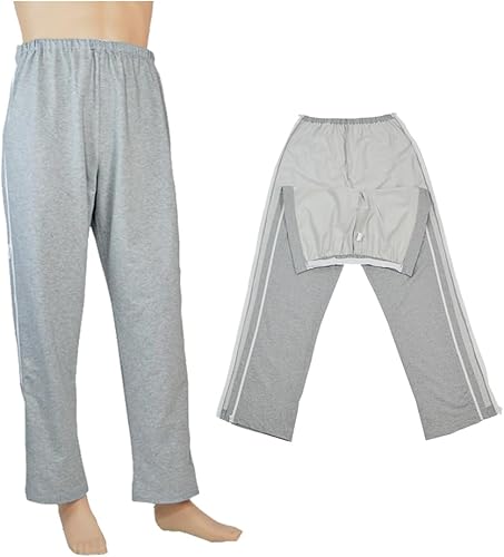 DURASIKO Ropa de paciente postrada en cama con cremallera lateral unisex, pantalones para pacientes, pantalones rasgados, material de algodón suave