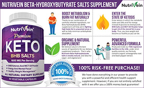 Nutrivein Keto Diet Pills 1600mg - Advanced Ketogenic Diet Supplement - BHB Salts Exogenous Ketones Capsules - Effective Ketosis Best Keto Diet, Mental Focus and Energy, 60 Capsules - Thumbnail 4
