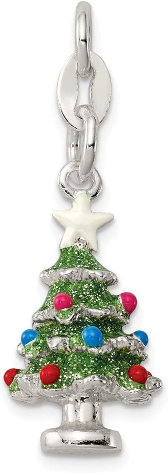 Solid 925 Sterling Silver Pendant Enameled Christmas Tree Charm (30mm x 10mm)