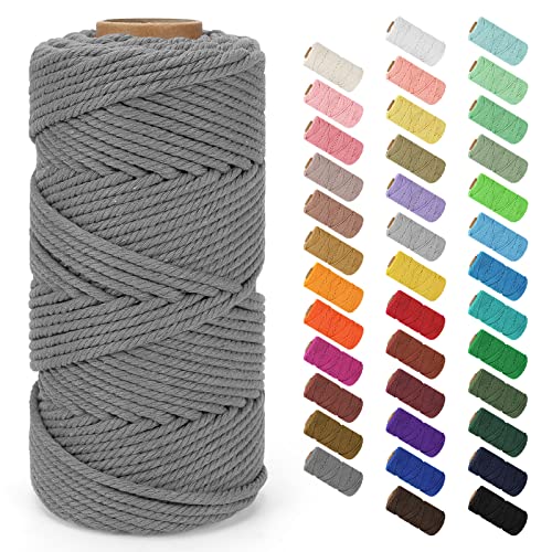 Macrame Cord 4mm x 109Yards (328Feet), Natural Cotton Macrame Rope - 4 Strands Twisted Macrame Cotton Cord for Wall Hanging, Plant Hangers, Crafts, Gift Wrapping and Wedding Decorations, Dark Gray