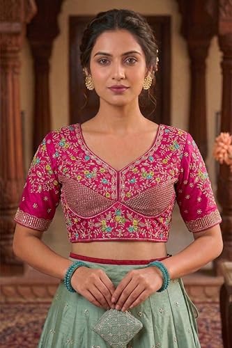 Image of Sangam Prints Women's Gracefull Pink Satan Silk Free Size Stitched Blouse with Traditional Embroidery Work